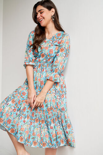 Blue Floral Flared Dress, Blue, image 3
